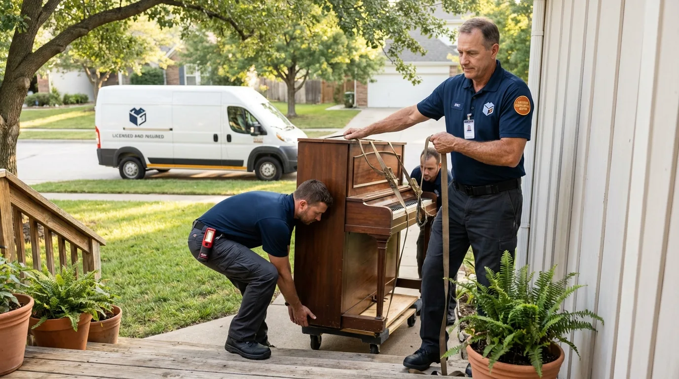Licensed piano movers securing grand piano in Elm City, NC