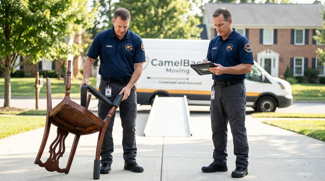 Movers inspecting furniture for damage prevention before loading in Elm City, NC