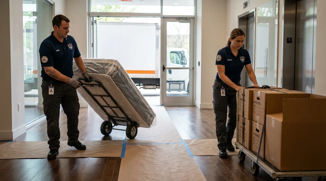 Professional apartment movers loading elevator in Elm City, NC