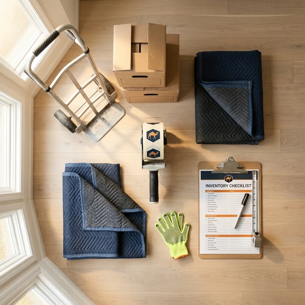 Professional moving supplies and packing materials layout for Elm City residential relocations